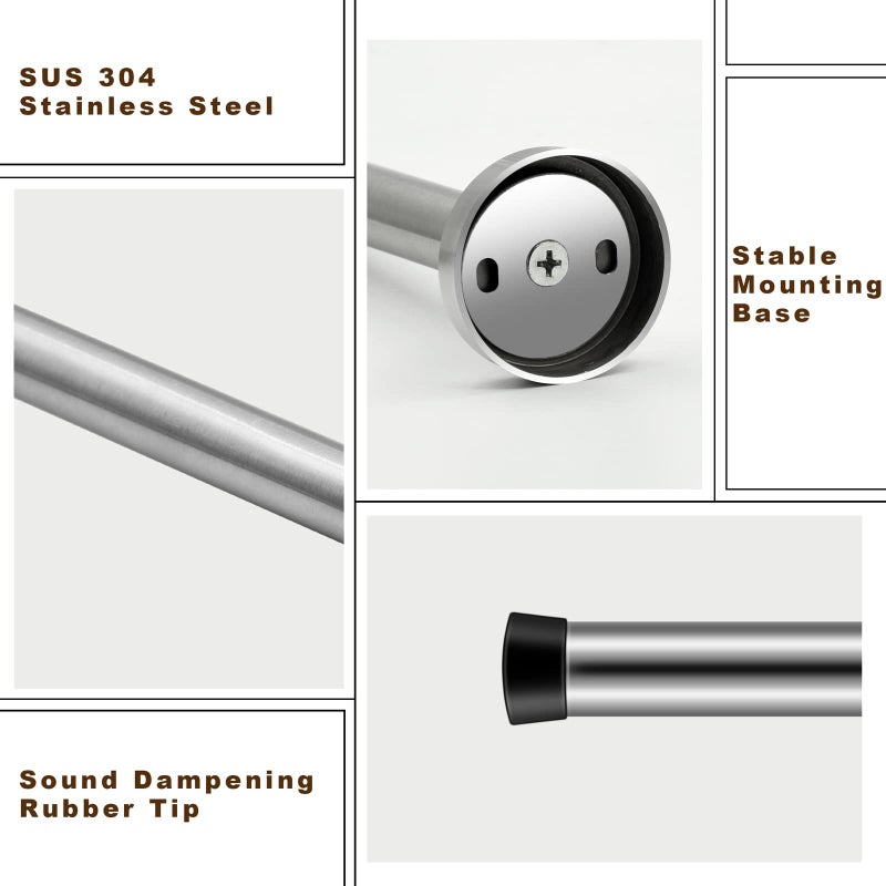 HUTLON 8 Inch Long Door Stop, Stainless Steel Extra Long Door Stopper, Wall Mounted, Brushed Nickel Solid Rigid Doorstop with Rubber Wall Protector Bumper, Silver - Image 2